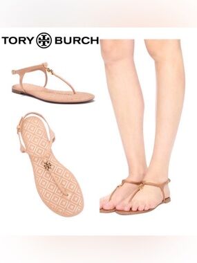 Tory Burch Tan Marion Quilted T-Strap Sandals - Size 6